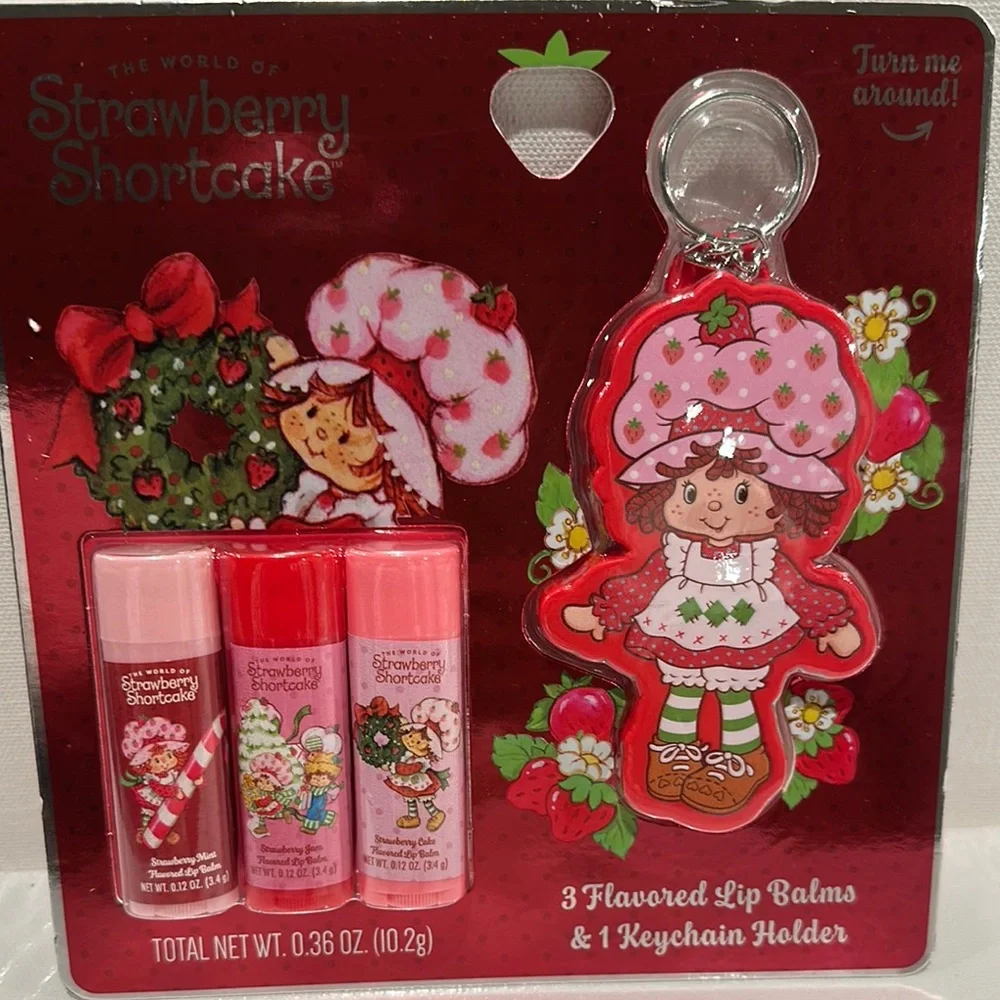 Strawberry Shortcake (3) Flavored Lip Balms and Key Chain Holdet for Lip Balms.